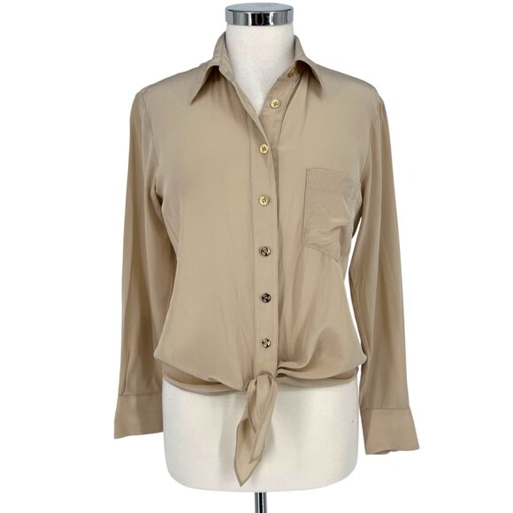 Trina Turk Helinda Silk Tie-Front Blouse Beige Tan Long Sleeve Size Small - Picture 1 of 12